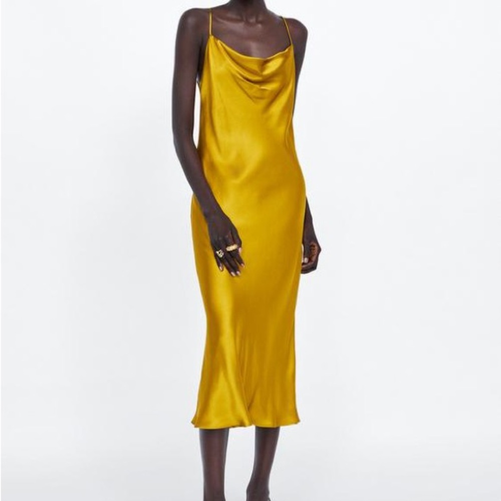 NWT Zara Strap Cowl Neck Slip Dress Size XS Mustard Yellow
